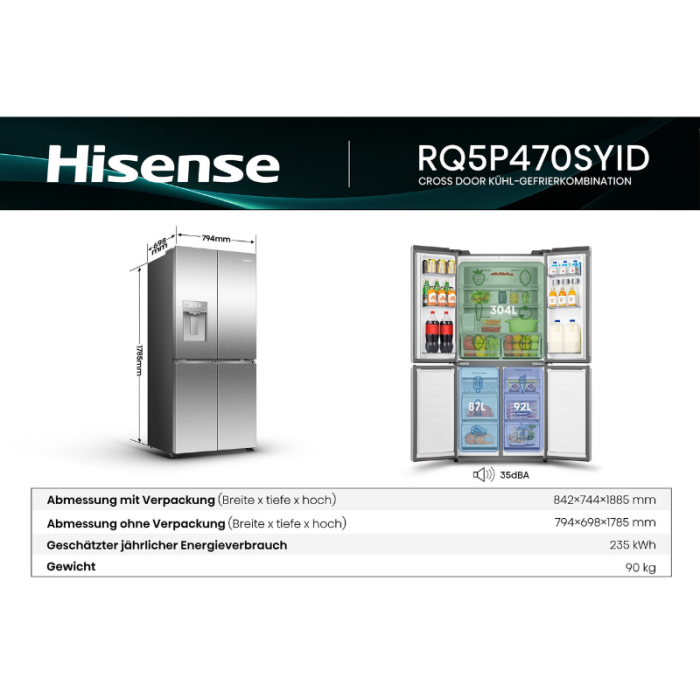 HISENSE side by side RQ5P470SYID Dozator vode/leda, Total NoFrost, Metalno hlađenje - Slika 7